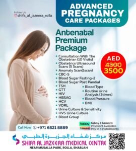 Antenatal Executive Package in Sharjah – full pregnancy checkups, ultrasounds, OB-GYN consultations, and fetal monitoring at Shifa Al Jazeera Medical Centre