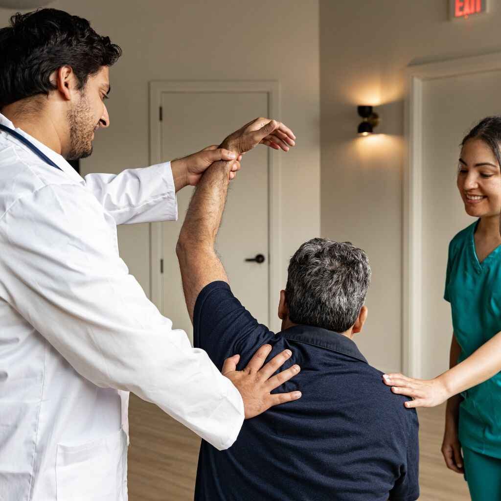 Orthopedic doctor assisting a male patient with shoulder mobility exercises at a clinic