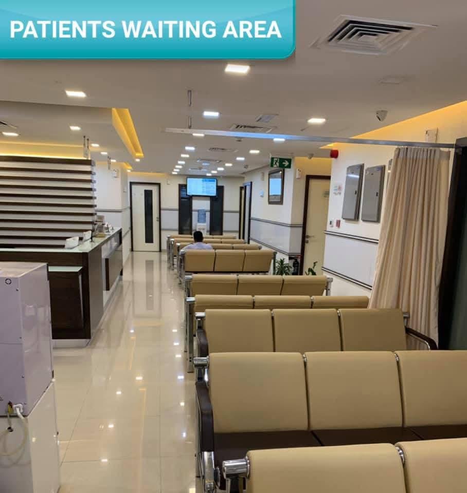 Spacious and comfortable patients' waiting area at Shifa Al Jazeera Medical Centre, Sharjah – clean, modern seating designed for a relaxed experience.