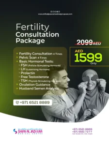 Fertility consultation package in Sharjah with hormonal tests, pelvic scan, ovulation guidance and semen analysis at Shifa Al Jazeera Medical Centre